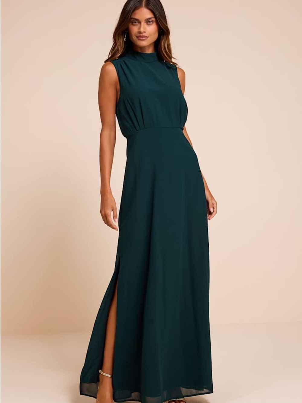 NWT Lulus Classic Elegance Emerald Chiffon Sleeveless Mock Neck Maxi Dress L